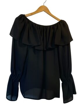 RUFFLED Black Semi-Sheer Long Sleeve Peasant Sleeve Blouse Top - Size Large